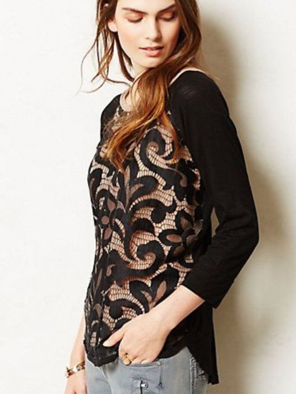 Anthropologie Filigree Top Knit Black Nude with Lace Overlay